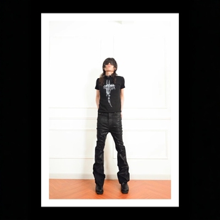 Without Me/ PunkFK亮蜡面涂层微喇拉链牛仔裤微弹力立体剪裁修身