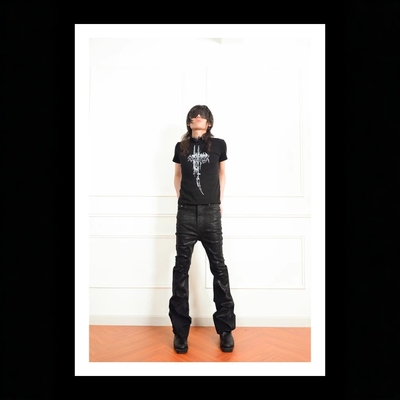 Without Me/ PunkFK亮蜡面涂层微喇拉链牛仔裤微弹力立体剪裁修身