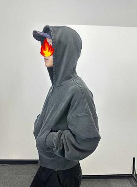 Without Me/Suninwave 复古水洗磨破高螺纹短宽宽松拉链卫衣帽衫