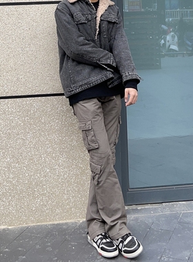 Without Me/snipe33 水洗褐色微喇叭工装长裤修身街头INS风男女