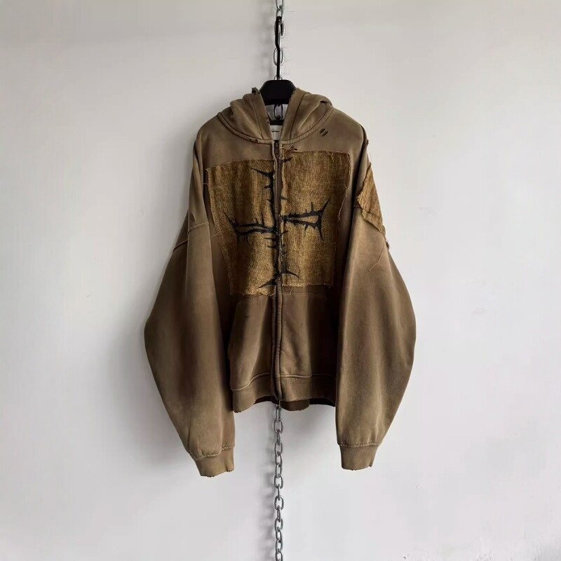 Without Me/Hell System Official 420g麻布拼接做旧宽松拉链帽衫