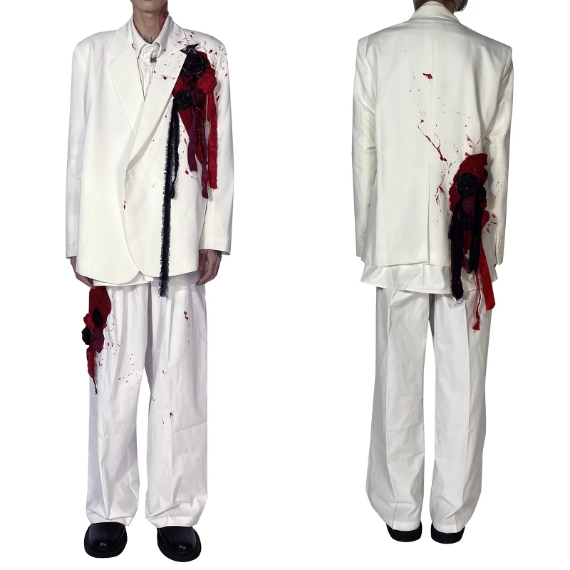 花卉系列枪花泼墨血红飘带白西装