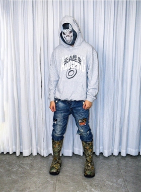 Without Me/JADEGANG[JDG]秋季云A昆虫标语印花灰色宽松短款卫衣