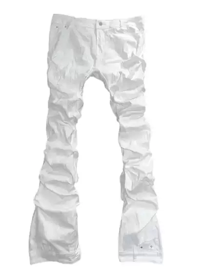 Withoutme/Remake Pure White Patchwork Pleated Slim-Fit Extra-Long Jeans with Slight Flare and Low Waist for Casual Wear