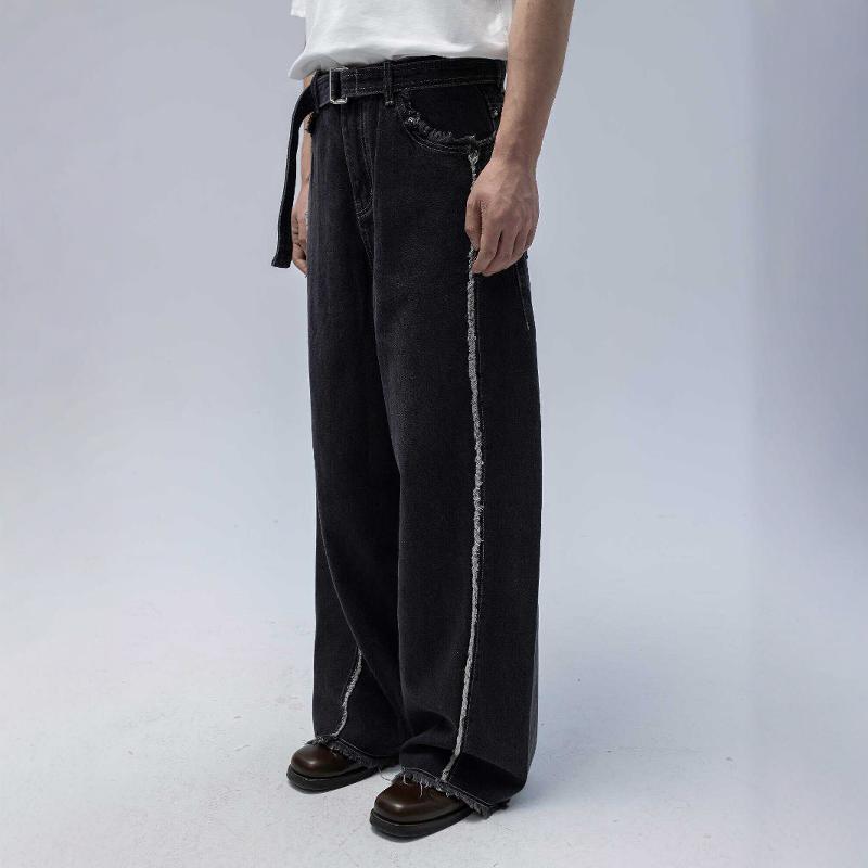 毛边立体剪裁阔腿腰带牛仔长裤