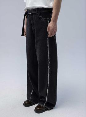 Without Me/Amalga mation 毛边立体剪裁阔腿腰带A型牛仔长裤