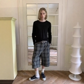 Without 黑绿格子宽松廓形慵懒感低腰休闲七八分短裤 DTHEREAL