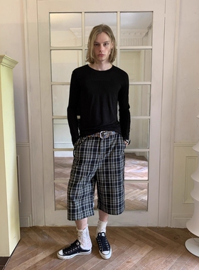 Without Me/DTHEREAL 黑绿格子宽松廓形慵懒感低腰休闲七八分短裤