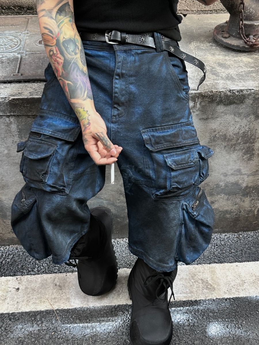 MULAB脏染涂层做旧七分短裤牛仔