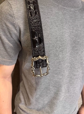 Without Me/ADV漆面黑鳄鱼皮面枪铜凯旋门雕花十字扣架皮带腰带