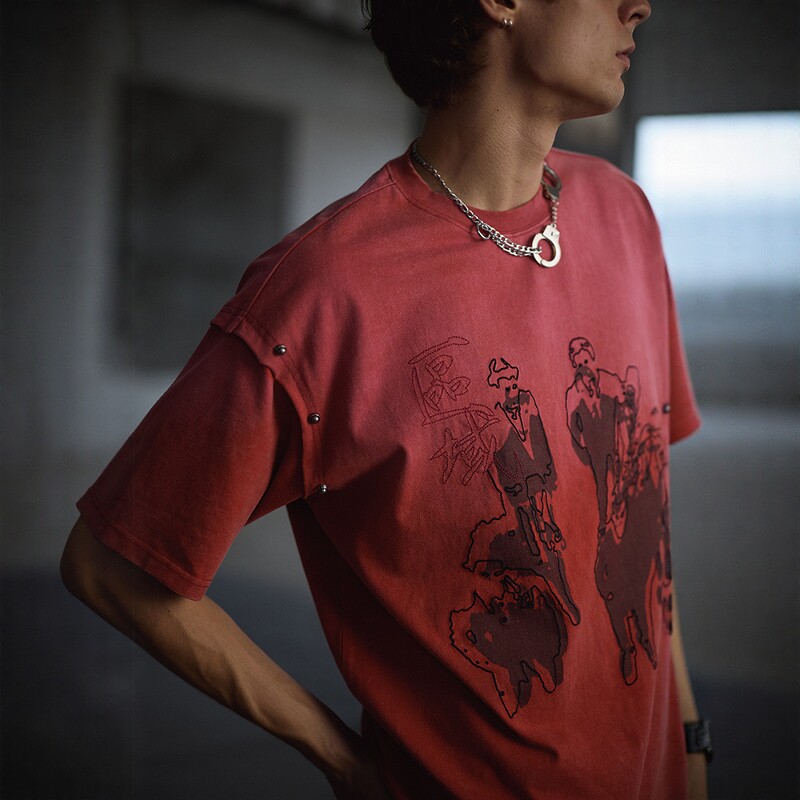 复古红色短袖T恤纯棉宽松情侣装