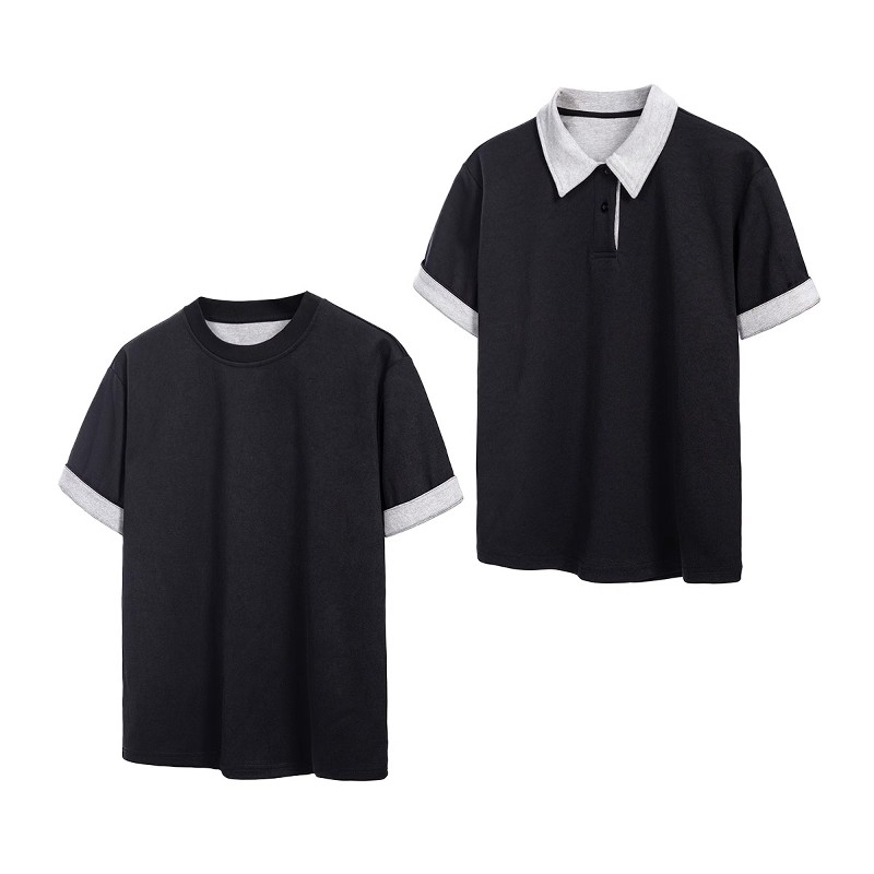 假两件翻领圆领撞色复古正肩短袖