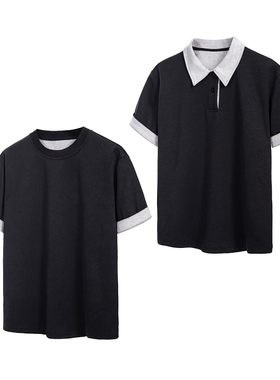 Without Me/Xentric双色面料假两件翻领圆领撞色复古正肩休闲短袖