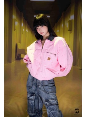 Without Me/ZOZOKILLA-J97粉红色褶皱熊耳翻领短款外套夹克厚款