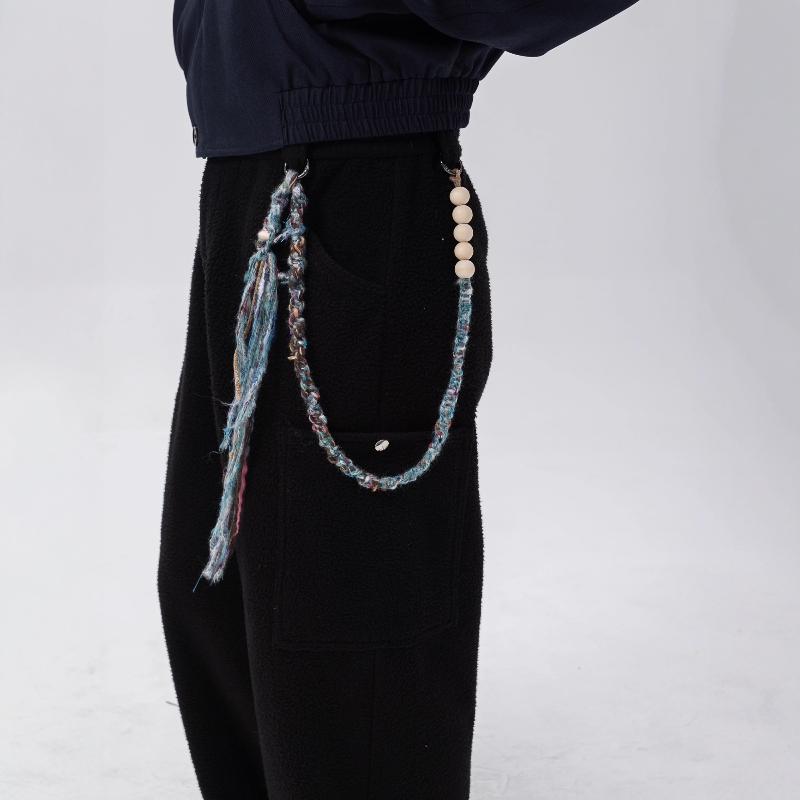 羊毛粘撞色木质散珠串编绳裤链