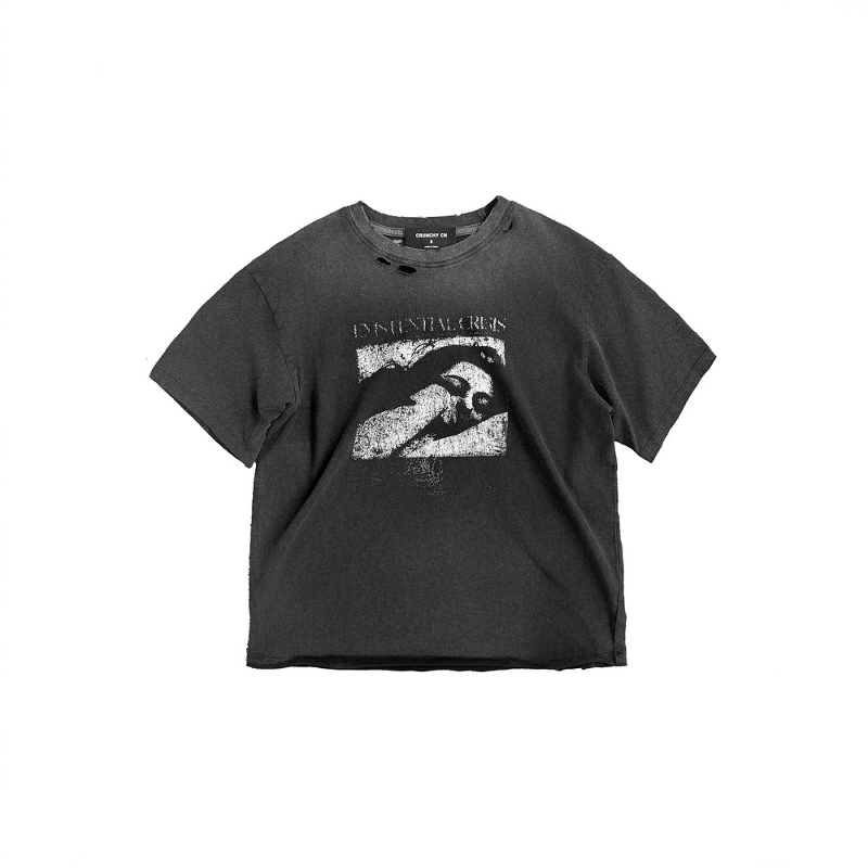 水洗黑复古做旧印花短袖tee短宽