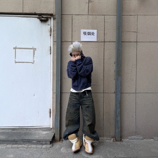 WithoutMe 重磅baggy宽松 SUNINWAVE压路机机油水洗刺绣竹节牛仔裤