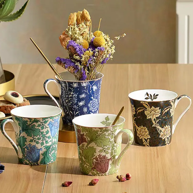 骨瓷马克杯欧式复古陶瓷水杯个性威廉海葵蒲公英杯子创意咖啡杯