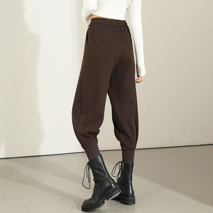 秋冬小个子萝卜休闲马丁靴裤 羊毛呢加绒棕色束脚哈伦裤 女2025新款