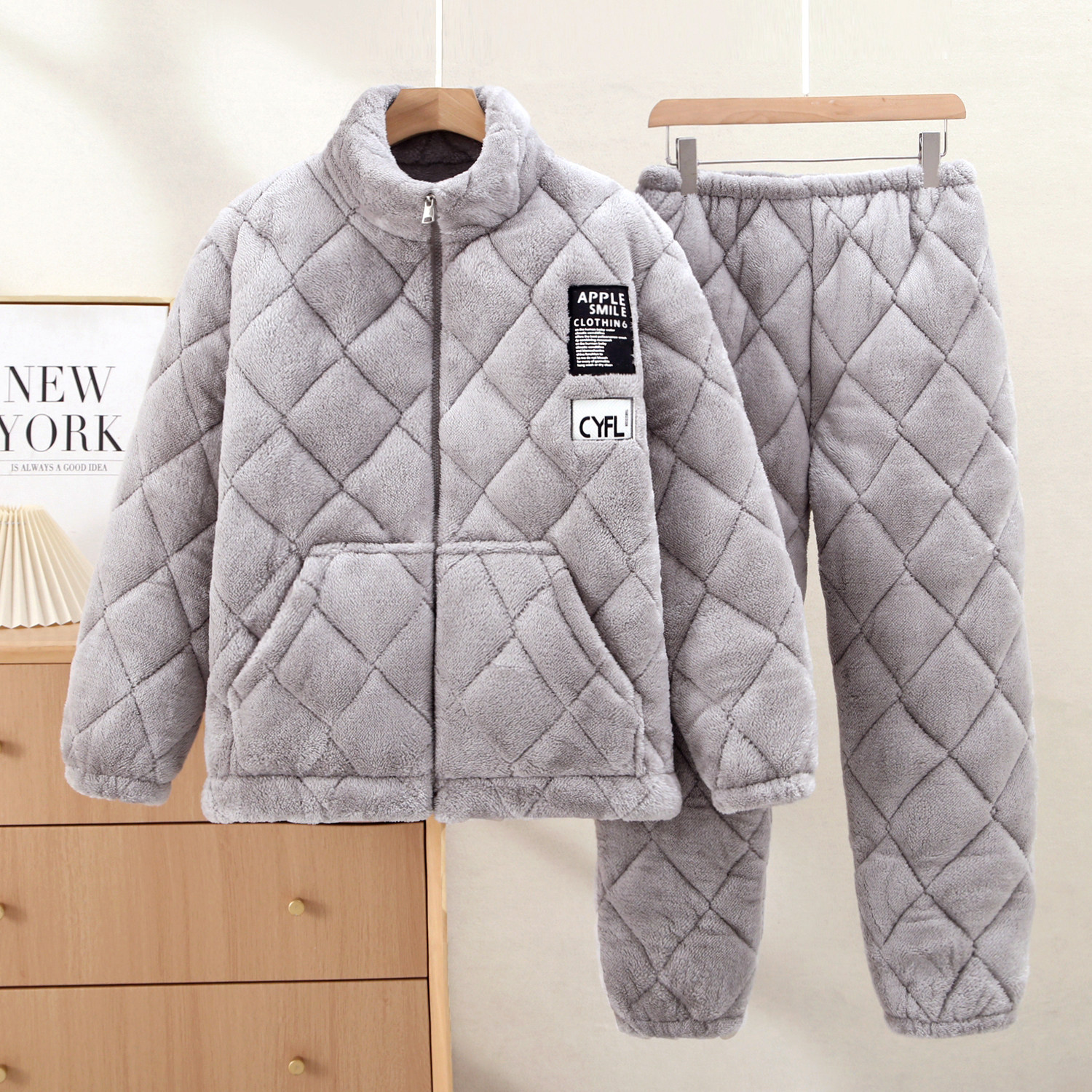 冬季新款特厚3层夹棉大码洋气外穿保暖青年男士睡衣家居服套装