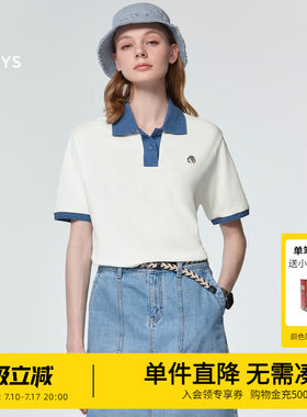 Hazzys哈吉斯春夏新款女装拼接领polo衫女士休闲宽松通勤短袖上衣
