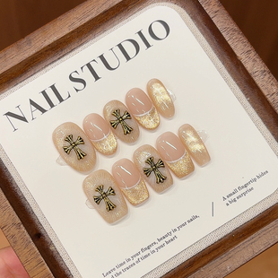 纯手工【光轮】十字架金属金色猫眼设计感宫廷风复古新款穿戴甲