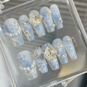 纯手工 初雪 冰透蓝色氛围感雪花秋冬奢华粘钻爆闪手工穿戴甲