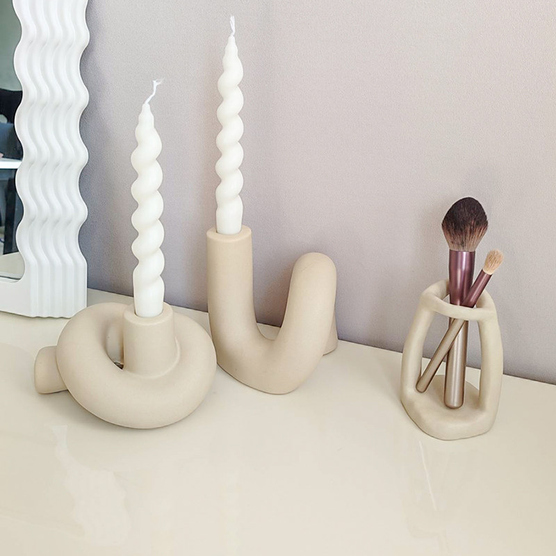 北欧风异形粗陶烛台装饰摆件