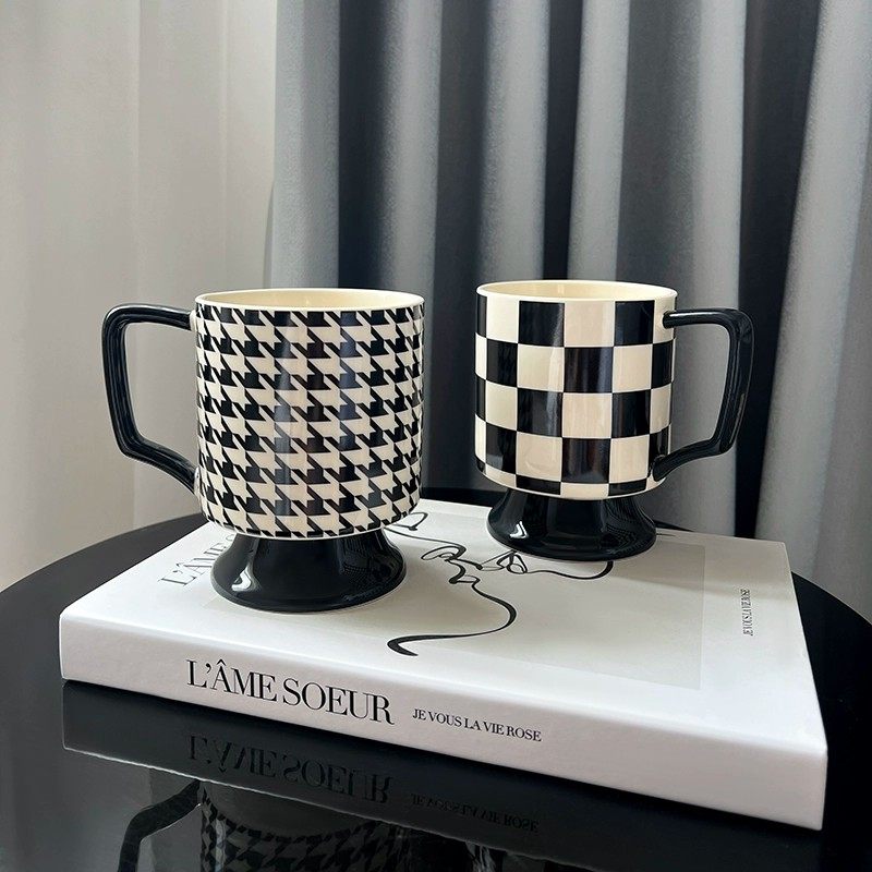 LIVETAI黑白格高脚咖啡杯