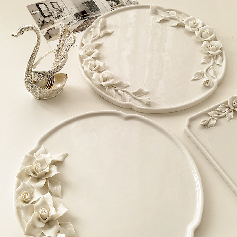 LIVETAI轻奢风手捏山茶花浮雕圆盘 家用餐厅高颜值甜品盘高脚盘子,餐饮具,餐用托盘,淘宝优惠券,粉丝福利购,淘宝优惠卷