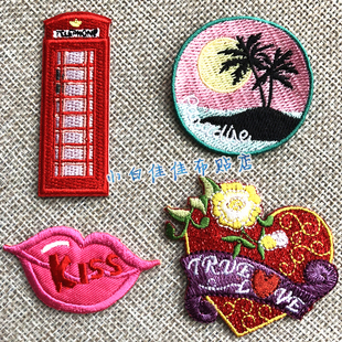 复古风衣服装饰贴布贴花全刺绣电话亭心形嘴唇kiss椰子树粉色徽章