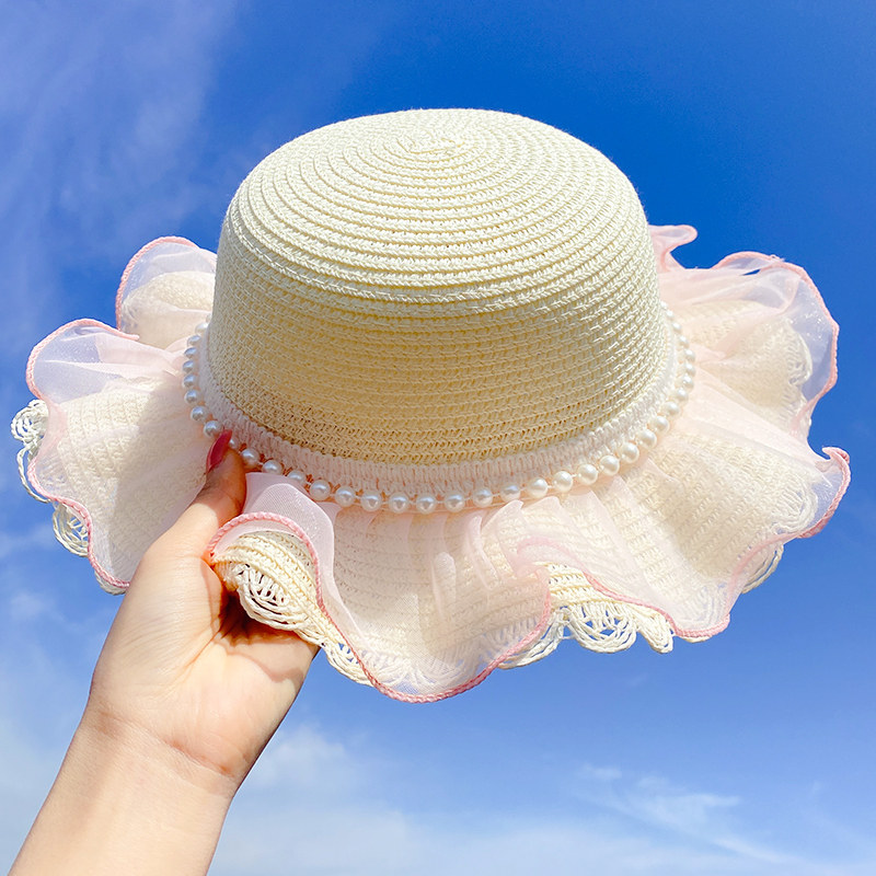 儿童夏季草帽遮阳帽防晒太阳帽超仙蕾丝珍珠帽子女童宝宝沙滩帽女|msdalam kategori Kanak-kanak/Bayi/Keluarga dipasang, Hat/Muffler/topeng/sarung tangan/alat penutup telinga/Jiaotao, Hat - dari Buy2taobao.com untuk memberikan perkhidmatan ejen Taobao profesional membeli