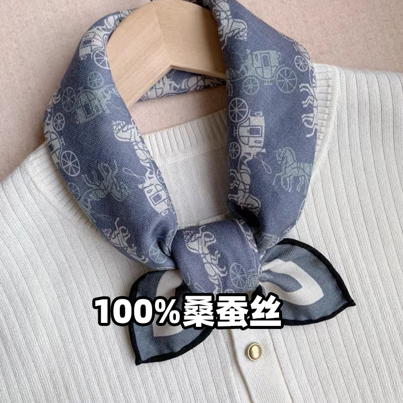 牛仔小飞马蓝色丝巾女真丝系脖小马车围巾高级感围脖桑蚕丝小方巾