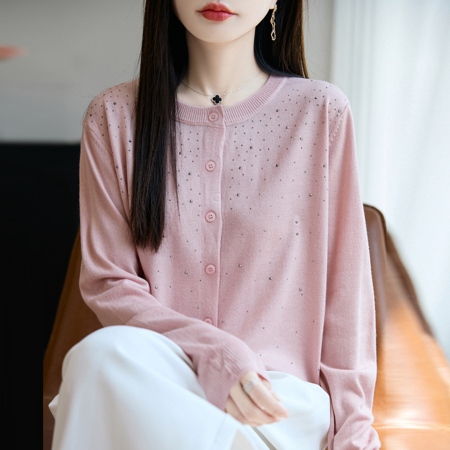 烫钻长袖多巴胺针织衫开衫外套