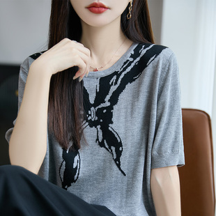 蝴蝶结印花短袖 宽松显瘦减龄洋气百搭圆领上衣T恤女 t恤女夏季 新款