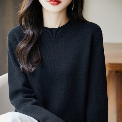 100%纯棉线撞色圆领毛衣女秋冬