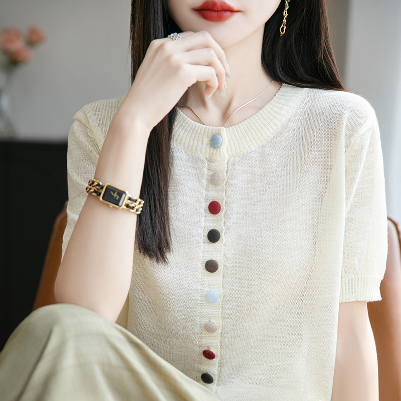 竹节麻彩色纽扣冰丝针织开衫女夏薄款宽松显瘦短袖T恤上衣小衫潮