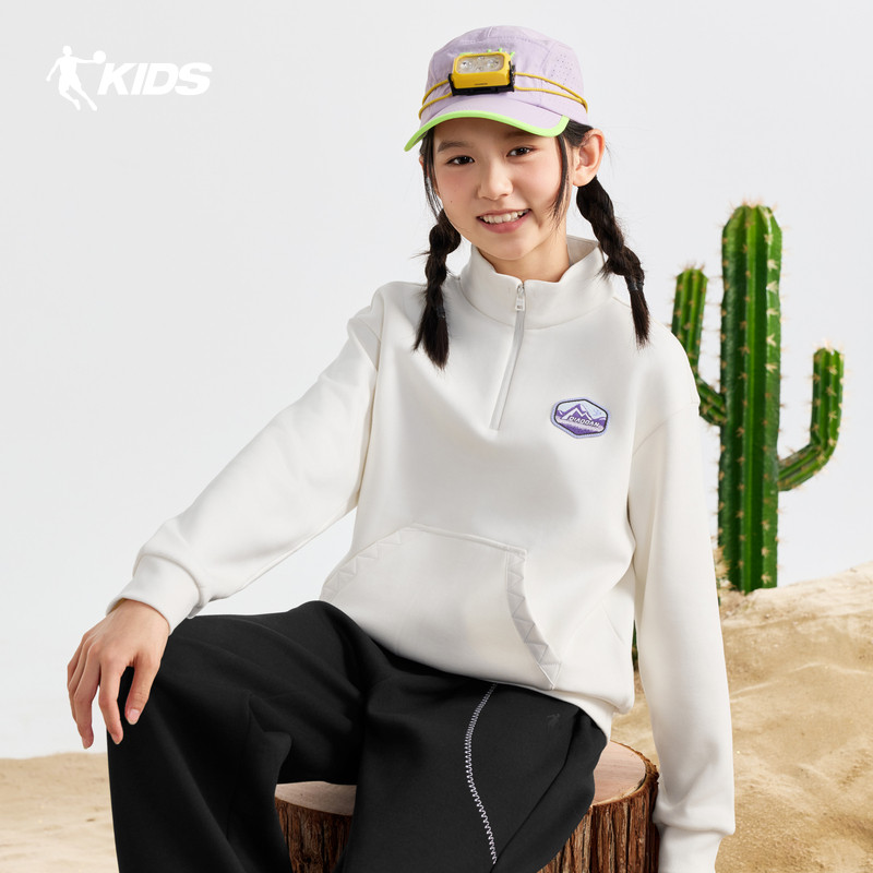 商场同款乔丹童装女童加绒卫衣2026秋冬新款儿童半拉链保暖套头衫