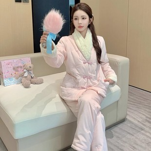 加绒加厚外穿棉袄家居服冬季新中式国风三层夹棉珊瑚绒睡衣女套装