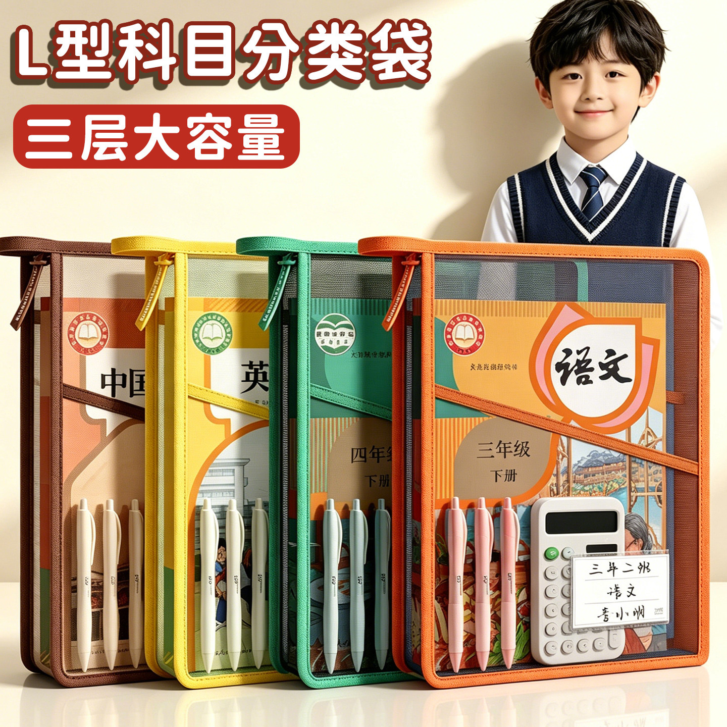 L型学科拉链袋透明文件袋资料袋立体三层网纱袋初中学习书包补习双手提袋书袋作业试卷收纳袋初中生科目小袋
