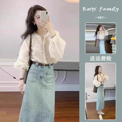 今年流行减龄漂亮洋派时尚高级感小香风衬衫牛仔半身裙套装女夏季