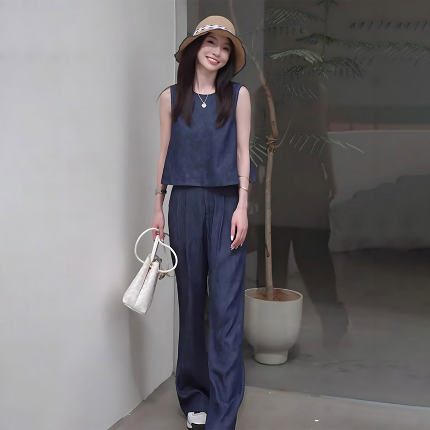 KATTERLLG高级感盐系休闲蓝色上衣阔腿裤套装女夏季2025超火大方