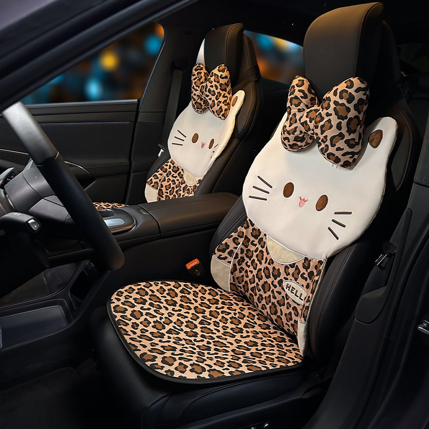 亚麻四季通用豹纹汽车坐垫车载后排卡通座椅垫车内三件套透气女士