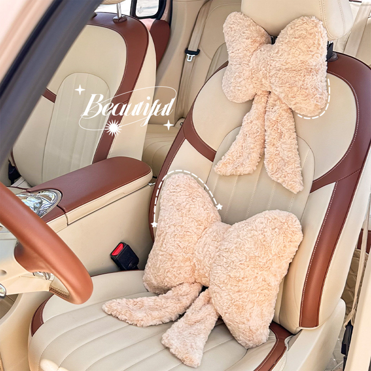 2025新款秋冬季毛绒蝴蝶结汽车头枕护颈枕舒适座椅靠枕女车内腰靠