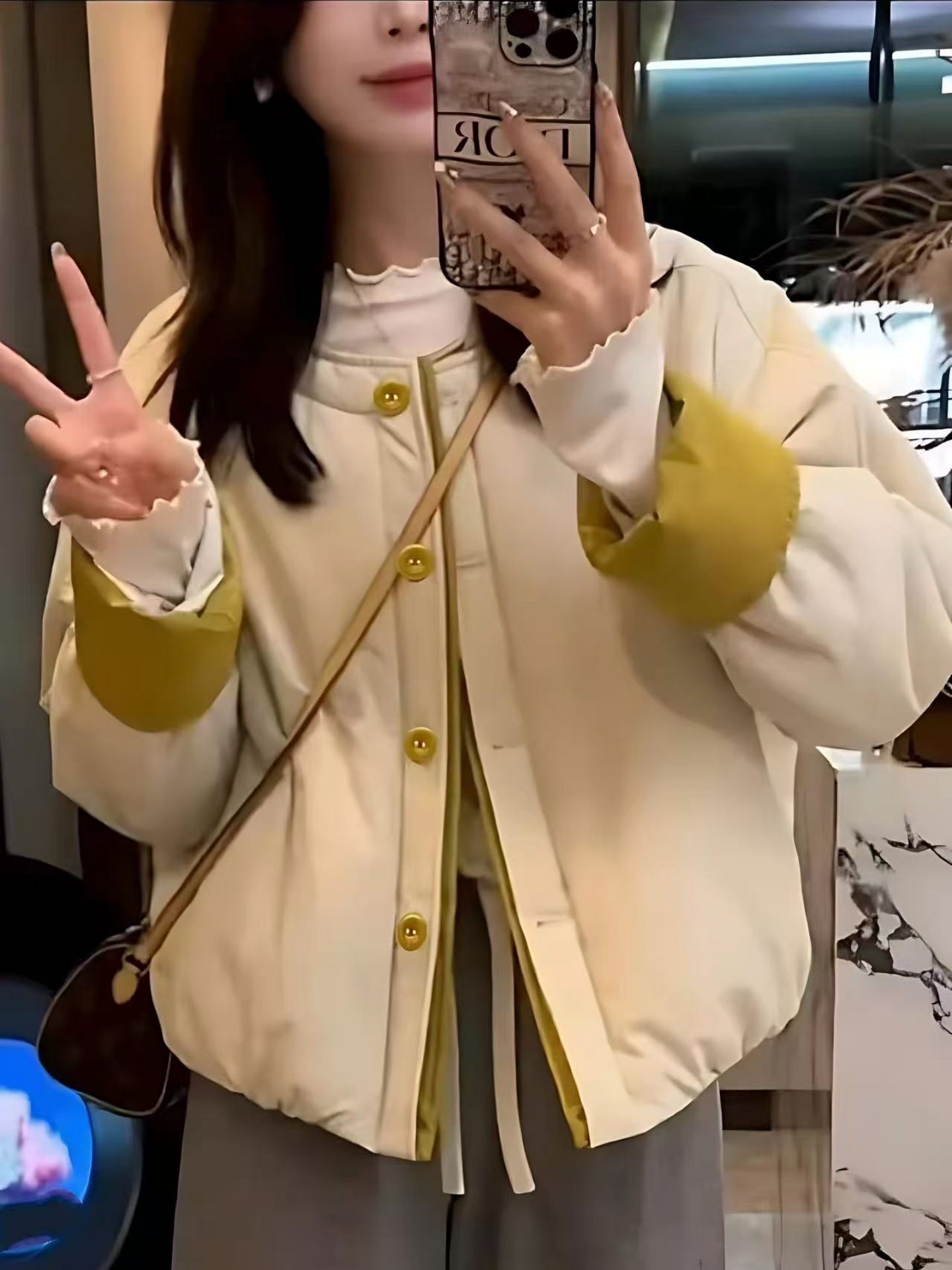 韩系撞色圆领棉服外套女2025秋冬新款棉袄加厚上衣小个子百搭棉衣