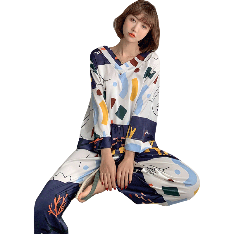 家居服睡衣女春夏薄款兩件套可外穿長袖褲緞面雪紡韓版寬松空調(diào)服