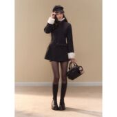 千鸟絮羽 气质格纹毛呢毛领收腰秋冬外套拼接连衣裙中长款 大衣女