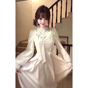 洋菓子店 冬季新款清楚系温柔大小姐设计蝴蝶结长袖收腰连衣长裙