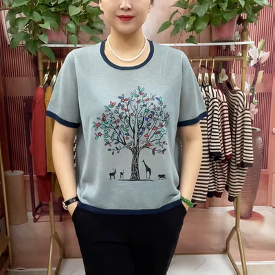 新款发财树撞色圆领轻薄针织衫遮肉显瘦上衣女休闲百搭中老年女装