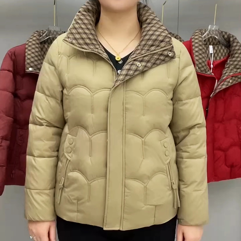 休闲百搭净版二扣双兜格子翻领棉服防寒保暖时尚简约妈妈冬装外套